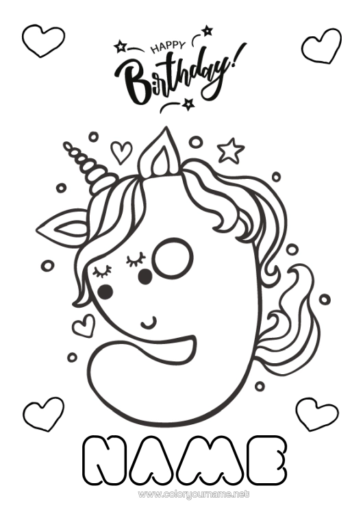 Colouring page to print Birthday Figure Unicorn Easy Colouring Pages Happy Birthday Message Big Number Age Dragons, Unicorns, And Fantastical Creatures Nine