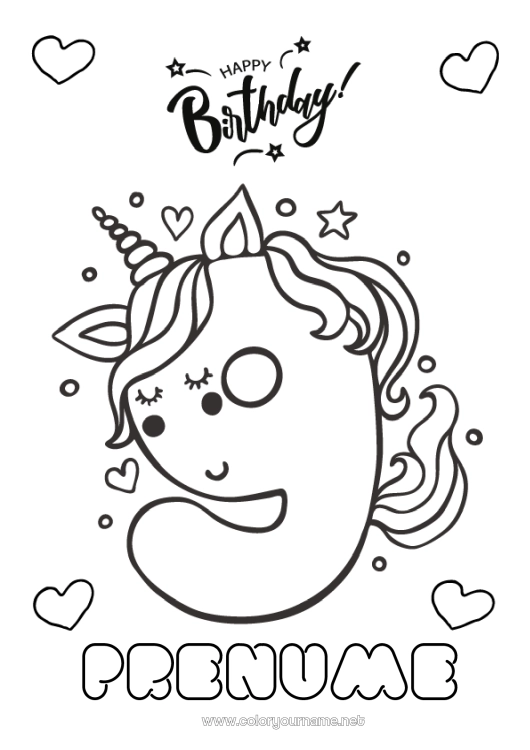Pagină de colorat de imprimat Aniversare Număr Unicornă Desene de colorat ușoare La mulți ani! Număr mare de vârstă Dragoni, unicorni și animale fantastice Nouă