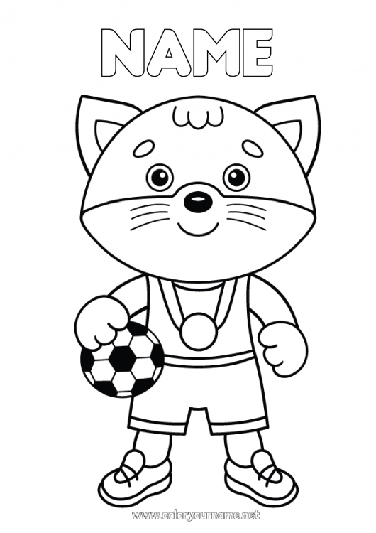 Coloring page to print Football Soccer ball Sport Cat Animal Cup, trophy, medal Dog and cat Coach Team sports Competitions and Rewards Soccer player