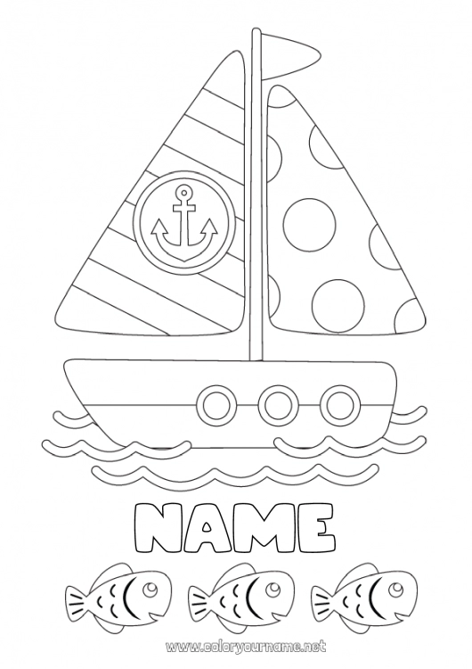 Coloring page to print Sea Vehicles Fish Boat Sailing boat Marine or aquatic animals Maritime vehicles