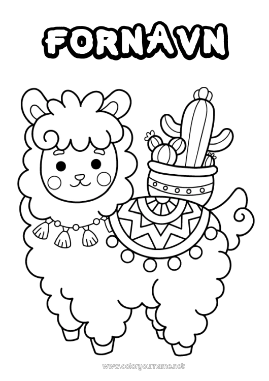 Farvelægningssiden til udskrivning Kawaii Dyr Lama Kaktus Mexiko Mellemliggende farvelægninger Andre dyr i verden