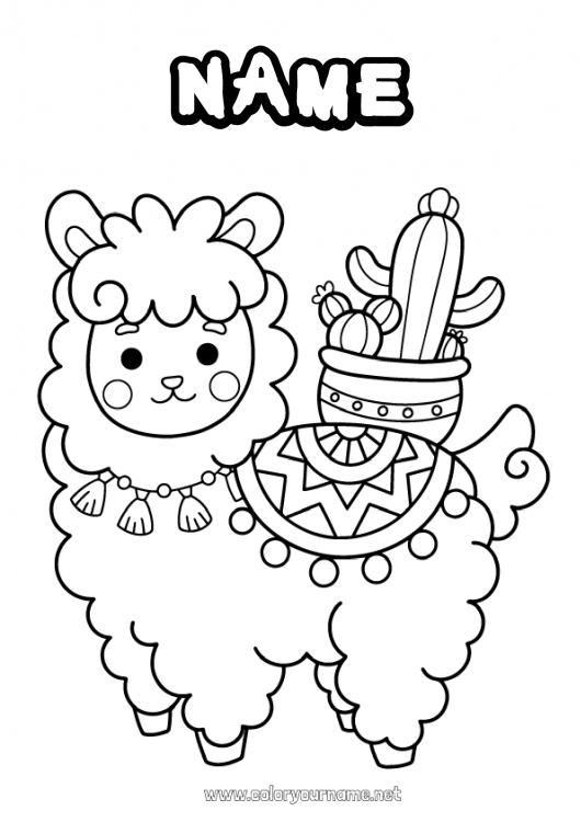 Coloring page to print Kawaii Llama Cactus Mexico Intermediate coloring pages Other animals of the world