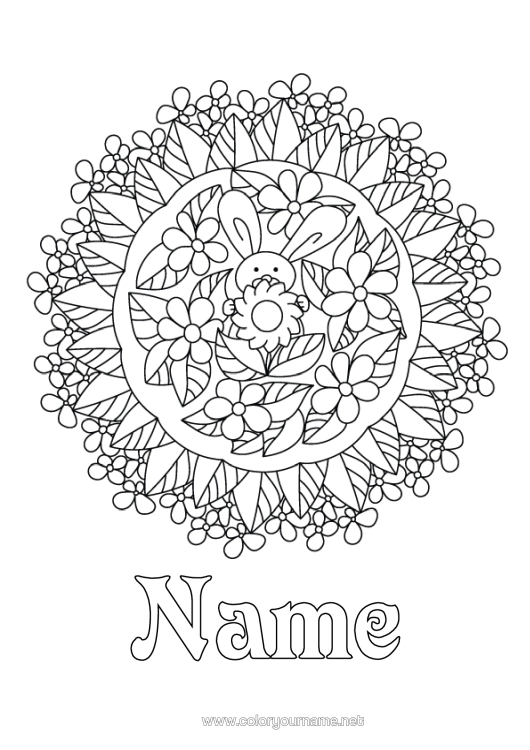 Colouring page to print Flowers Mandala Spring Rabbit Complex Colouring Pages Forest Animals