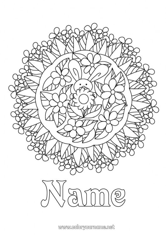 Coloring page to print Flowers Mandala Spring Bunny Complex coloring pages Forest animals