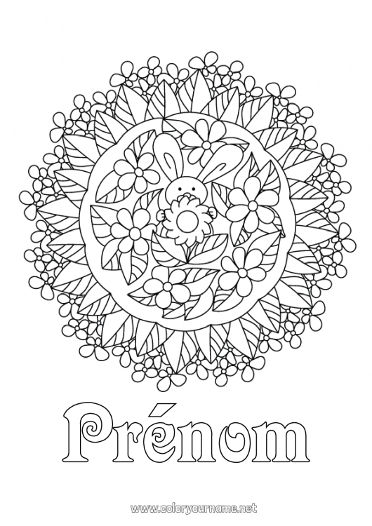 Coloriage à imprimer Fleurs Mandala Printemps Lapin Coloriages complexes Animaux de la forêt