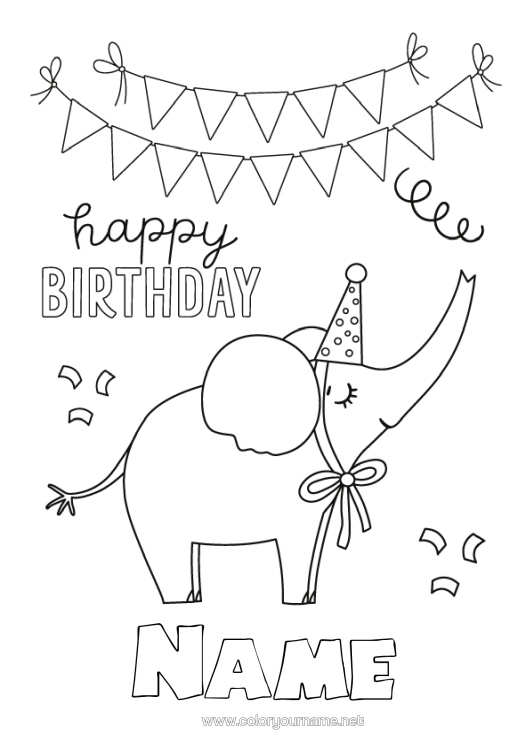 Colouring page to print Birthday Elephant Party Animal Easy Colouring Pages Happy Birthday Message Farm Animals Wild Animals Of Africa