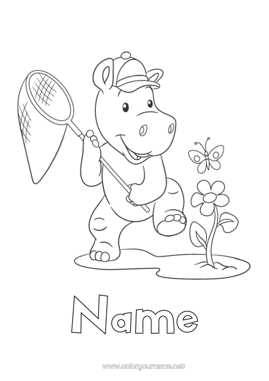Colouring page to print Hippopotamus Spring Butterfly Animal Insects Wild Animals Of Africa