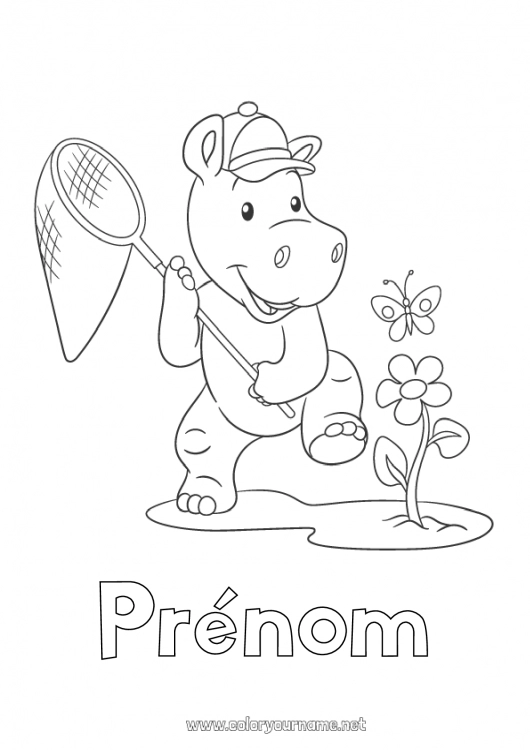 Coloriage à imprimer Hippo Printemps Papillon Animal Insectes Animaux sauvages d'Afrique