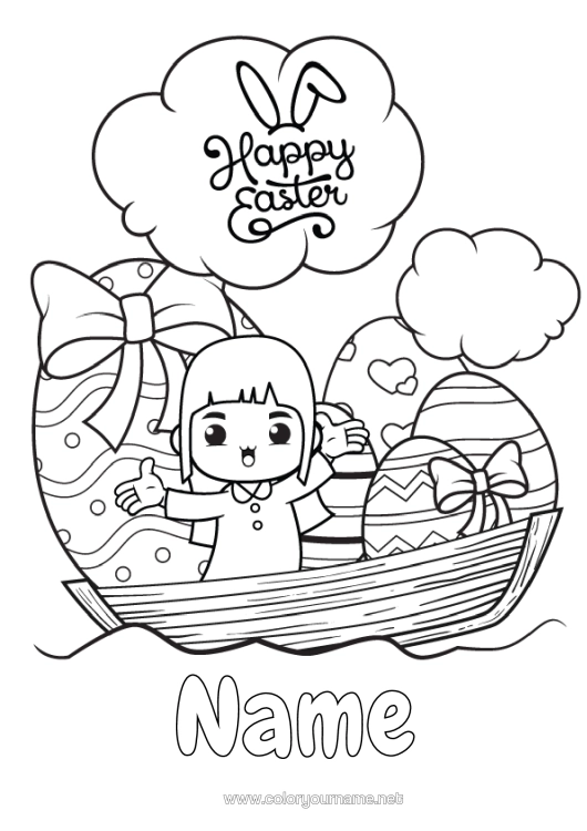 Colouring page to print Cute Boat Easter Eggs Easter "Happy Easter" Message Marine Vehicles