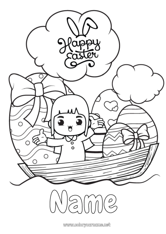 Coloring page to print Kawaii Boat Easter eggs Easter 