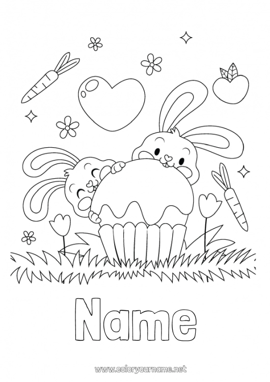 Coloring page to print Cake Heart Spring Bunny Animal Tulip Forest animals