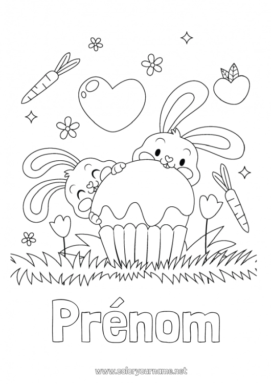 Coloriage à imprimer Gâteau Coeur Printemps Lapin Animal Tulipe Animaux de la forêt