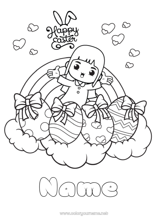 Coloring page to print Heart Kawaii Spring Rainbow Easter eggs 