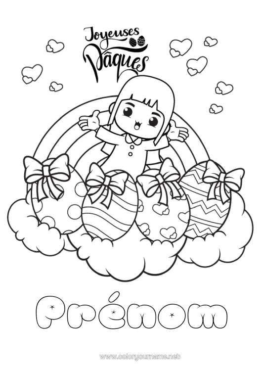 Coloriage à imprimer Coeur Kawaii Printemps Arc en ciel Oeufs de Pâques 