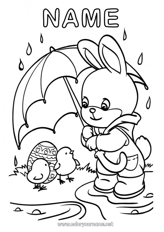 Coloring page to print Spring Chick Bunny Animal Easter eggs Farm animals Forest animals