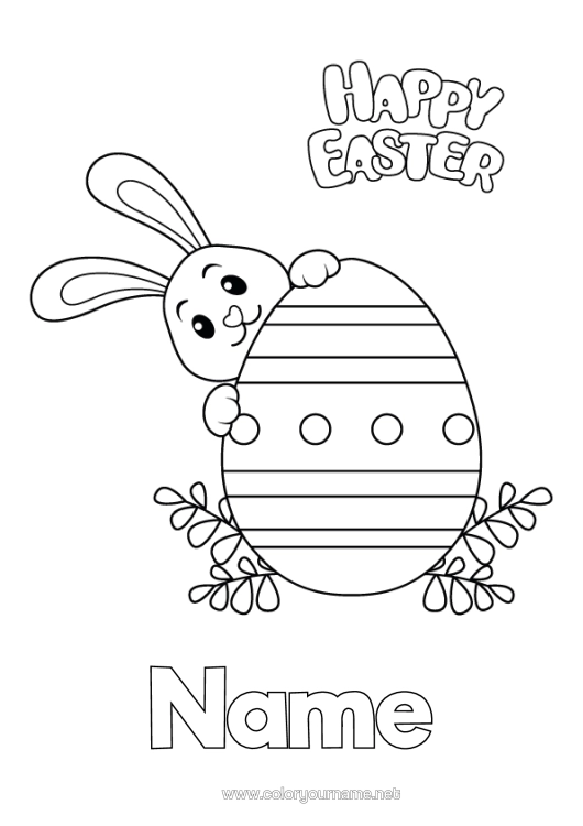 Colouring page to print Spring Rabbit Animal Easter "Happy Easter" Message Large Easter Egg Easy Colouring Pages Forest Animals