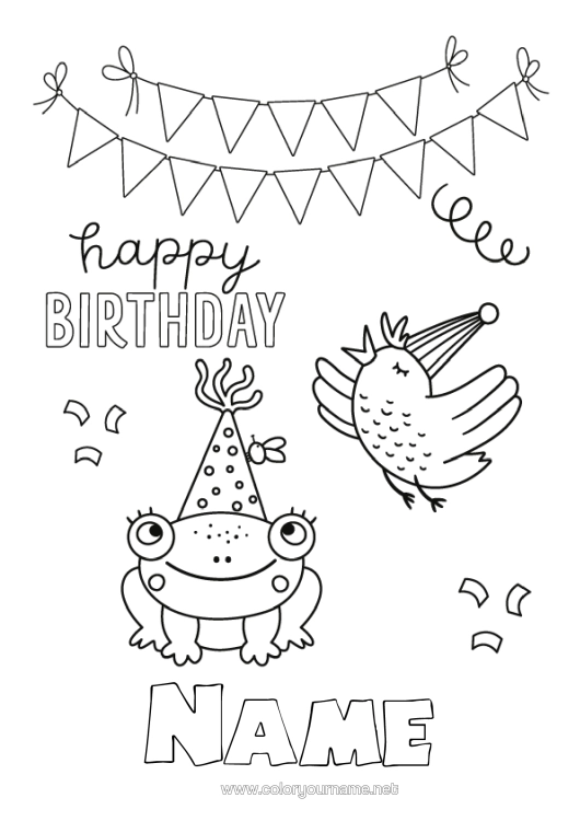Colouring page to print Birthday Frog Bird Animal Intermediate Colouring Sheets Happy Birthday Message Marine Or Aquatic Animals Birds And Flying Mammals