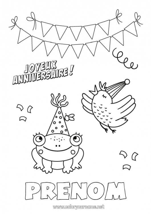 Coloriage à imprimer Anniversaire Grenouille Oiseau Animal Coloriages intermédiaires Joyeux anniversaire (français) Message Animaux marins ou aquatique Oiseaux et mammifères volants