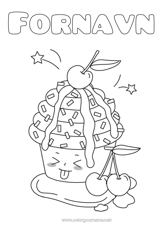 Farvelægningssiden til udskrivning Sød Kawaii Kirsebær Frugter Muffin