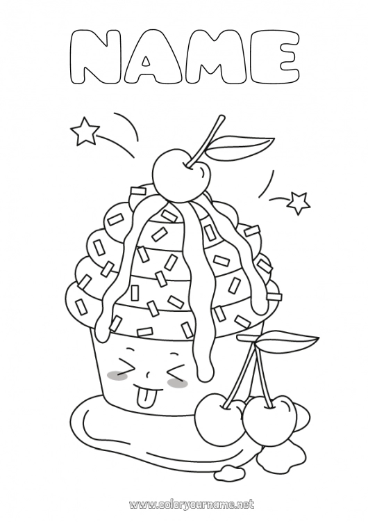 Coloring page to print Cute Kawaii Cherry Fruits Cupcake