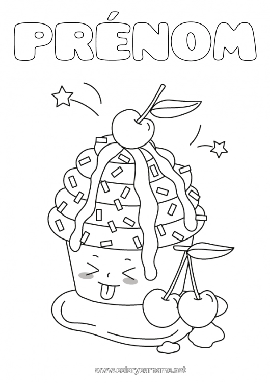 Coloriage à imprimer Mignon Kawaii Cerise Fruits Cupcake