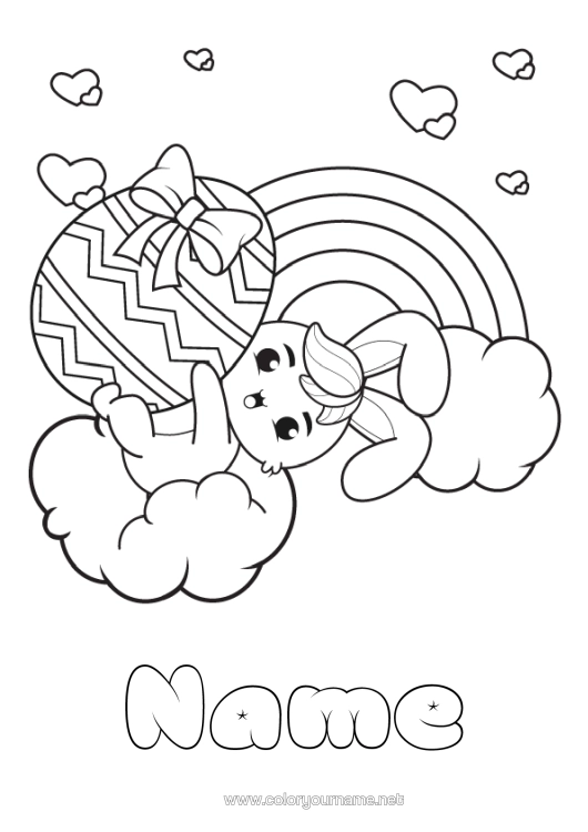 Colouring page to print Cute Cute Rabbit Animal Rainbow Easter Large Easter Egg Forest Animals