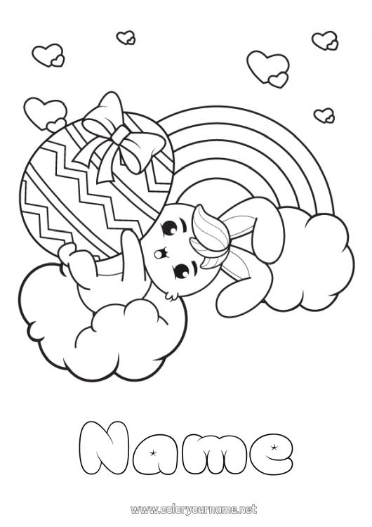 Coloring page to print Cute Kawaii Bunny Animal Rainbow Easter Big easter egg Forest animals