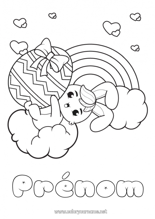 Coloriage à imprimer Mignon Kawaii Lapin Animal Arc en ciel Pâques Gros oeuf de Pâques Animaux de la forêt