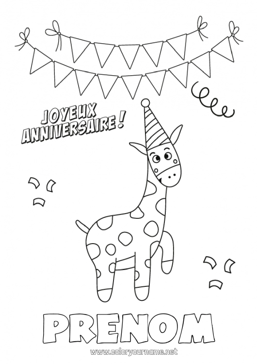 Coloriage à imprimer Anniversaire Girafe Animal Coloriages faciles Joyeux anniversaire (français) Message Animaux sauvages d'Afrique