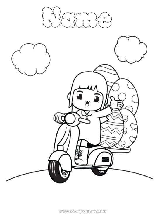 Colouring page to print Cute Vehicles Child Scooter Easter Eggs Two-Wheeled Vehicles