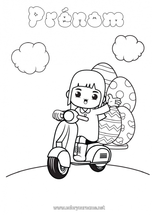 Coloriage à imprimer Kawaii Véhicules Enfant Scooter Oeufs de Pâques Véhicules à deux roues