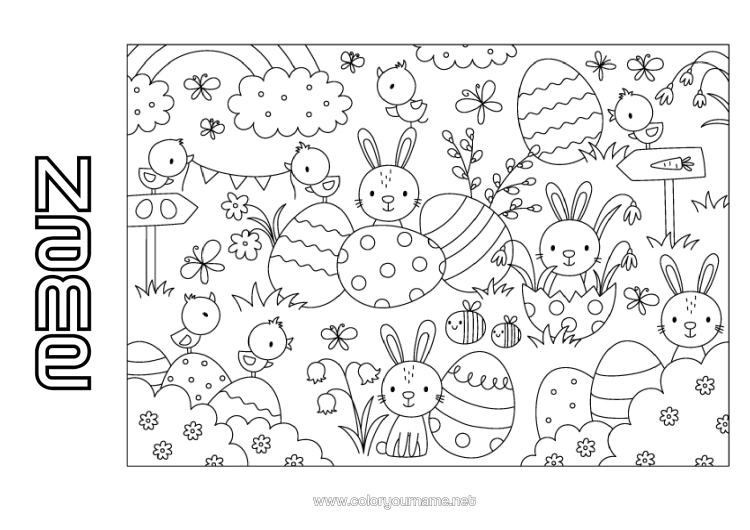 Colouring page to print Cute Rabbit Animal Easter Eggs Easter Lily Of The Valley Forest Animals