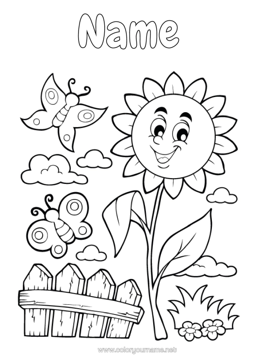 Colouring page to print Flowers Summer Spring Butterfly Sunflower Insects