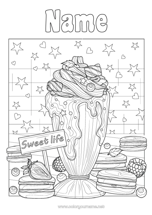 Colouring page to print Mandala Food Fruit Treats, Sweets Ice Cream Macaron Raspberry