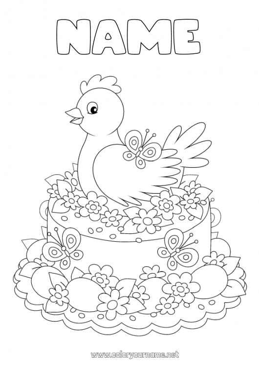 Coloring page to print Flowers Cake Hen Spring Butterfly Animal Easter Insects Farm animals