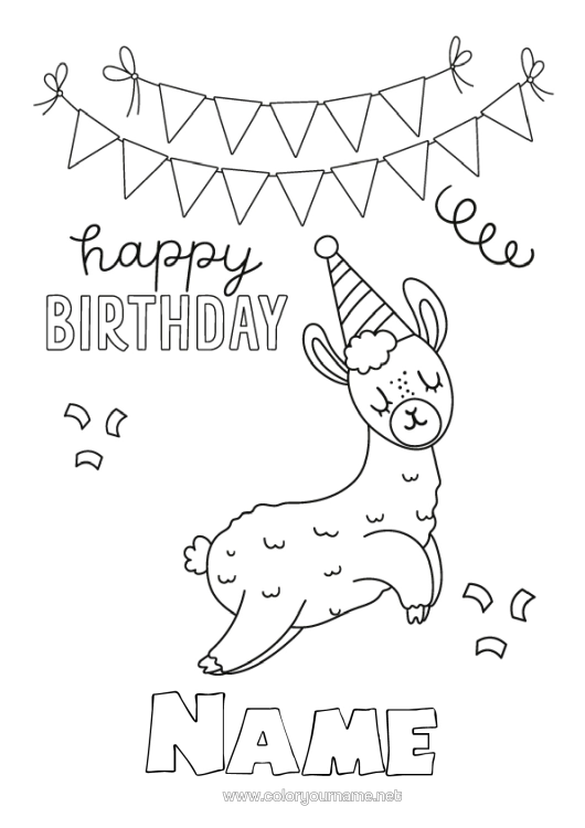Colouring page to print Birthday Animal Llama Easy Colouring Pages Happy Birthday Message Other Animals Of The World