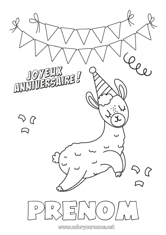 Coloriage à imprimer Anniversaire Animal Lama Coloriages faciles Joyeux anniversaire (français) Message Autres animaux du monde