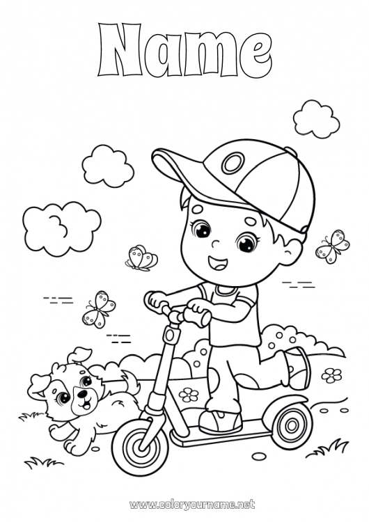 Coloring page to print Dog Boy Summer Spring Butterfly Vehicles Animal Push scooter Insects Dog and cat Two-wheeled vehicles