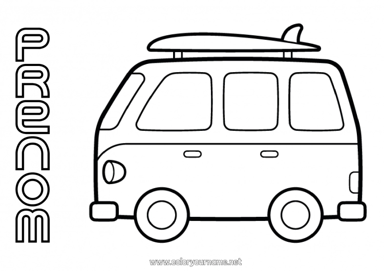 Coloriage à imprimer Véhicules Coloriages faciles Surf Van Voitures, vans et camping-cars Sports nautiques