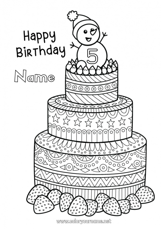 Coloring page to print Cake Snowman Birthday Mandala Fruits Complex coloring pages Happy Birthday (English) Message Customizable age