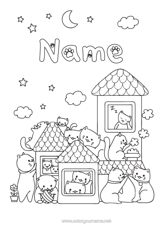 Colouring page to print Cat Cute Animal House Dogs And Cats