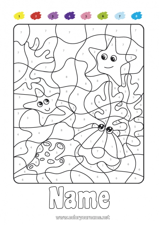 Coloring page to print Number Sea Coloring by numbers Children's activities Sea Shell Marine or aquatic animals