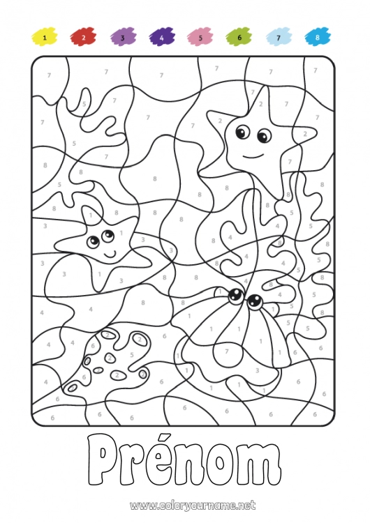 Coloriage à imprimer Chiffre Mer Coloriages magiques Activités enfants Coquillages Animaux marins ou aquatique