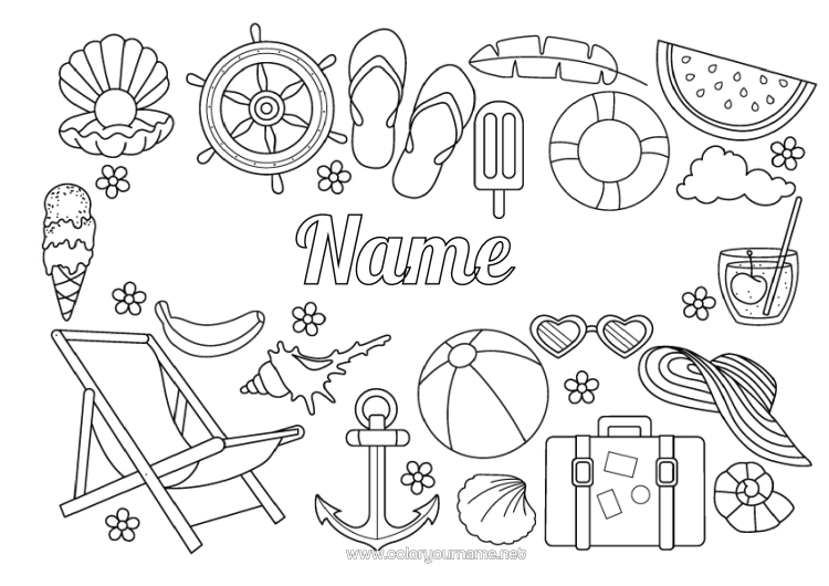 Colouring page to print Holidays Summer Fruit Treats, Sweets Ice Cream Tongue Marine Anchor Buoy Cocktail Watermelon Banana Deck Chair Luggage And Bags Sunglasses Boat Bar