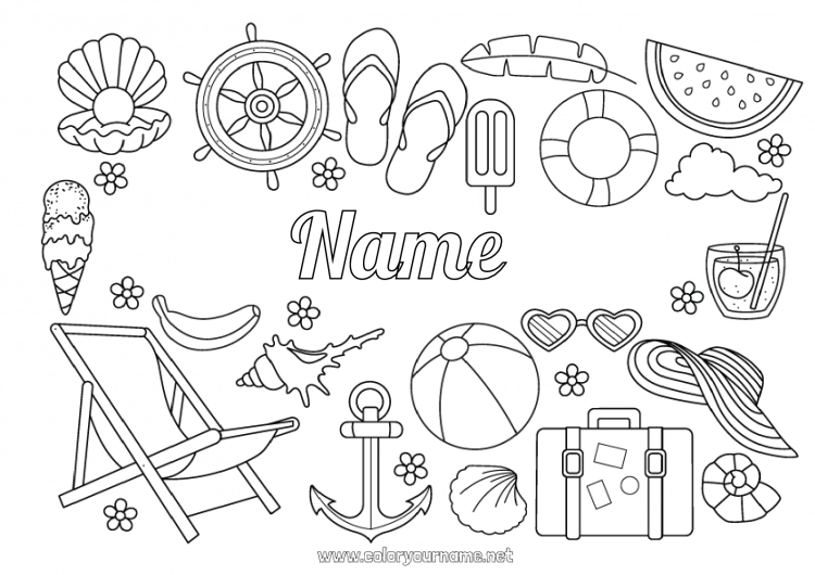 Coloring page to print Holidays Summer Fruits Treats Ice cream Flip flops Marine anchor Buoy Cocktail Watermelon Banana Deckchair Suitcases and luggage