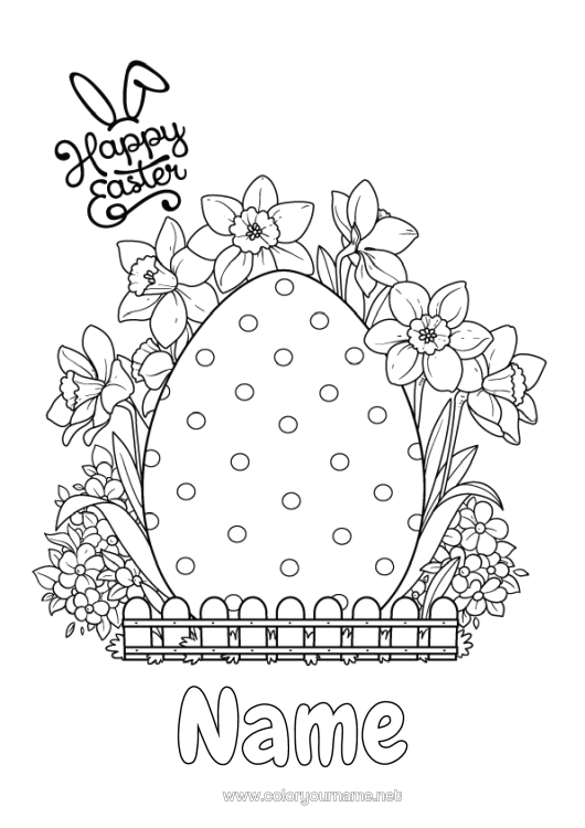 Colouring page to print Flowers Easter Eggs Daffodils "Happy Easter" Message Large Easter Egg