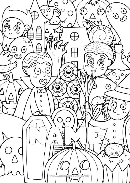 Colouring page to print Vampire Cemetery Ghost Monster Pumpkin Skeleton Witch Halloween Haunted Manor Eye