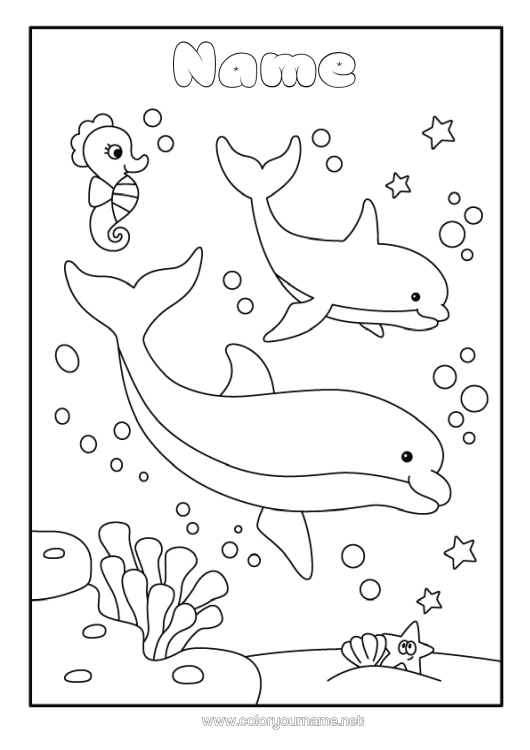 Colouring page to print Sea Animal Dolphin Seahorse Marine Or Aquatic Animals