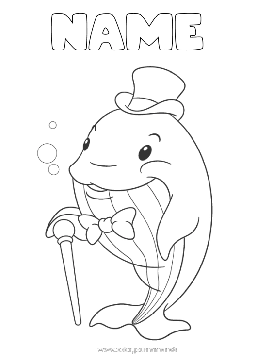 Colouring page to print Whale Animal Marine Or Aquatic Animals Bow Tie