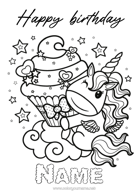 Colouring page to print Cake Birthday Cute Unicorn Fairy Cake Complex Colouring Pages Happy Birthday Message Dragons, Unicorns, And Fantastical Creatures